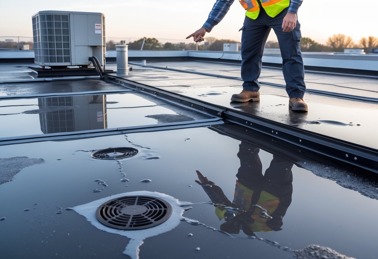 A commercial flat rooftop with water pooling around drains and a worker inspecting the roof.