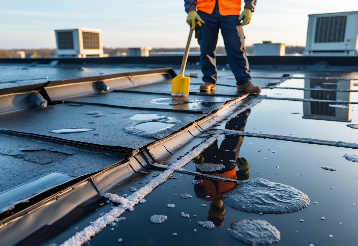 Close-up of a commercial flat roof with damaged flashing and cracked sealant causing water pooling, while a worker inspects the roof.