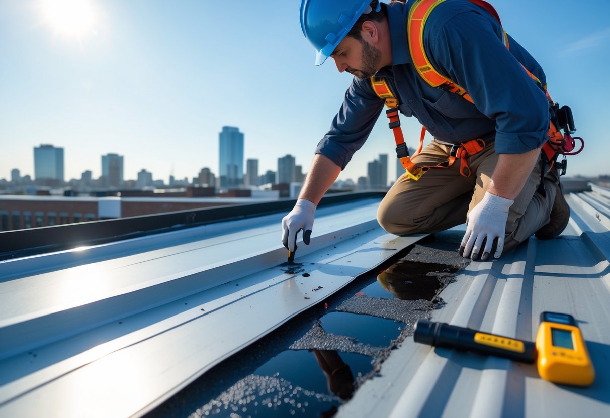 A worker wearing safety gear inspects a commercial rooftop for leaks, kneeling near a damaged area with tools nearby and a city skyline in the background.