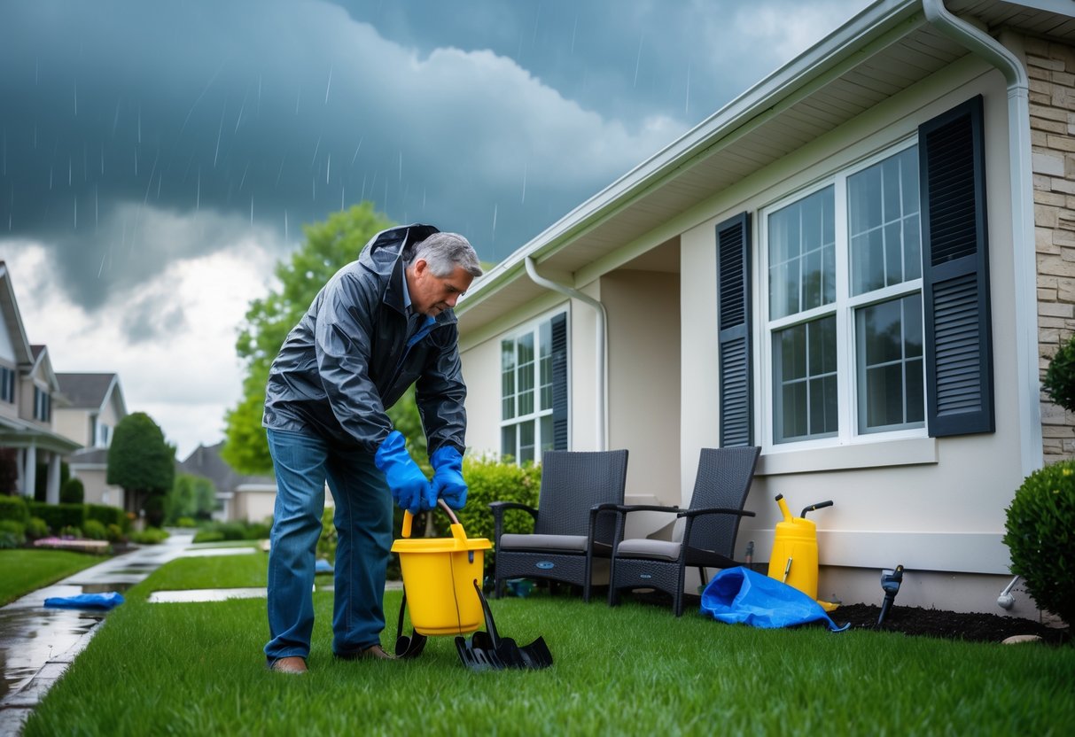 Person inspecting and securing outdoor items around a house before heavy rain with dark clouds in the sky.