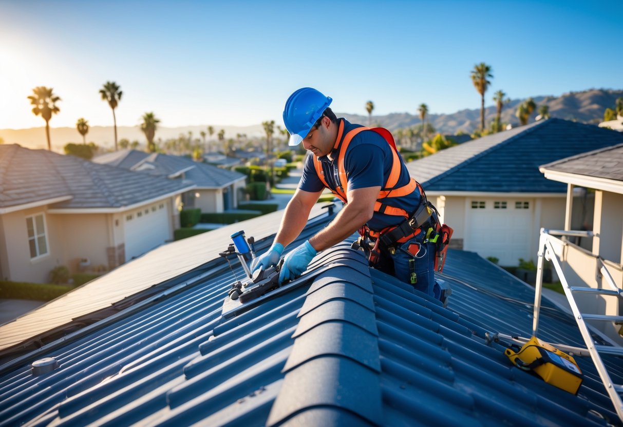 A roofing technician inspecting the roof of a modern house in a sunny suburban neighborhood with palm trees and hills in the background.