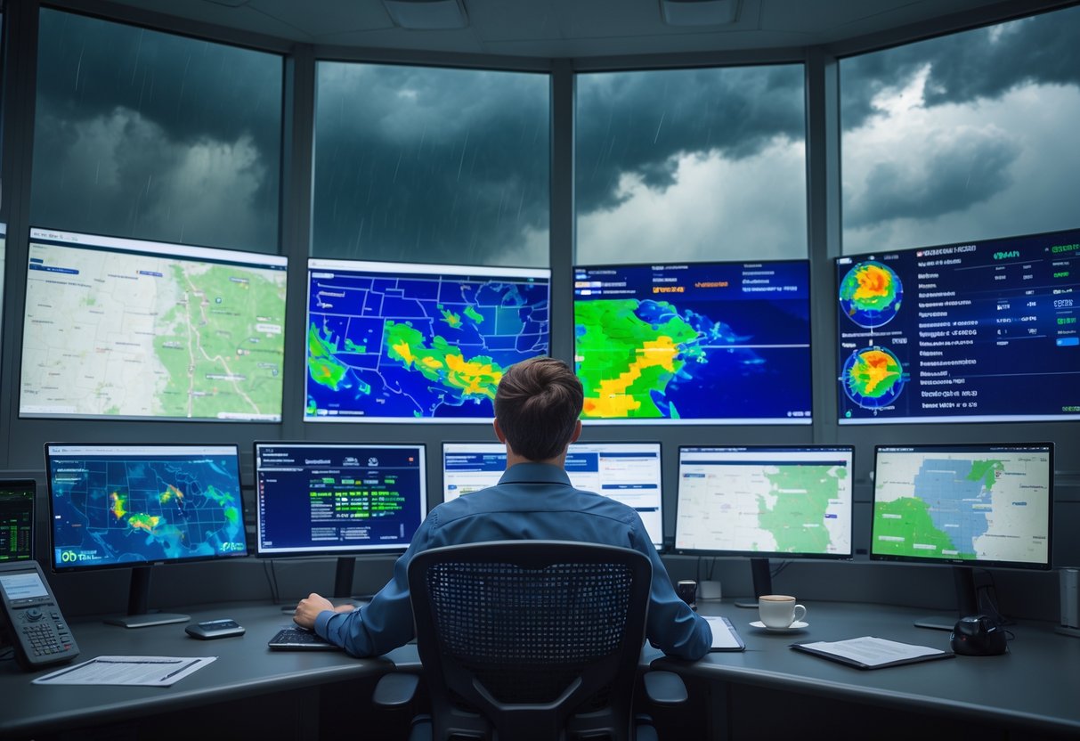 Person monitoring weather forecasts and storm warnings on multiple screens in a control room with dark clouds and rain visible outside.