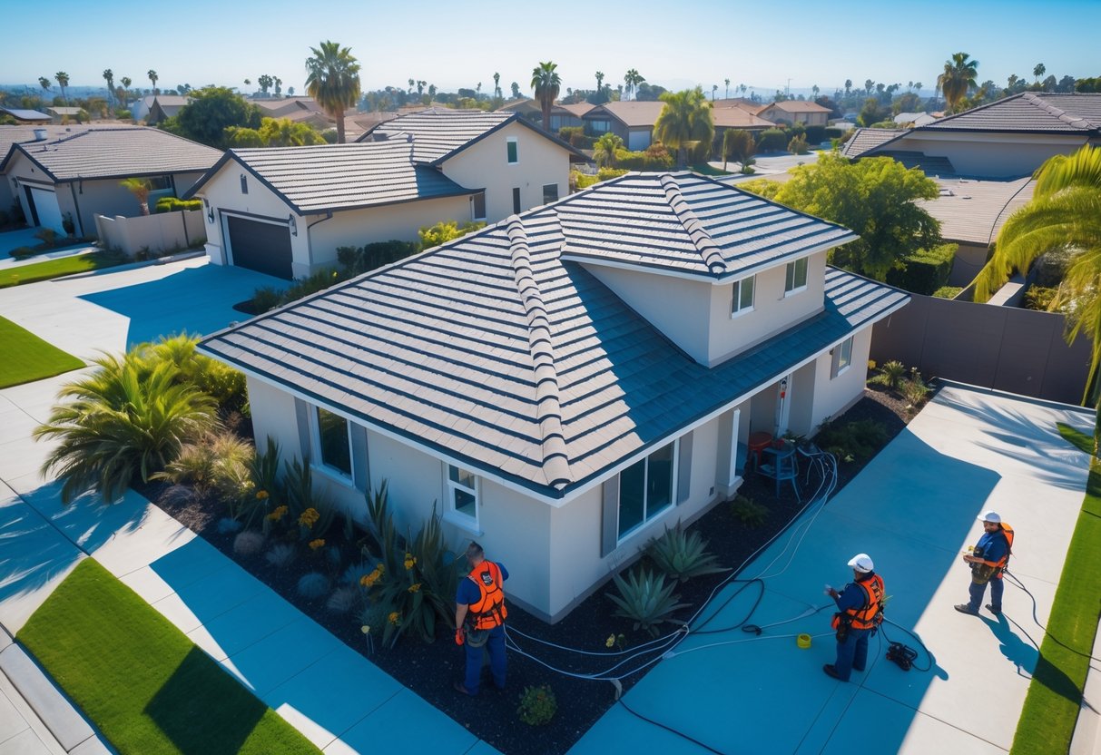 A roofing technician inspecting the roof of a suburban home on a sunny day with palm trees in the background.