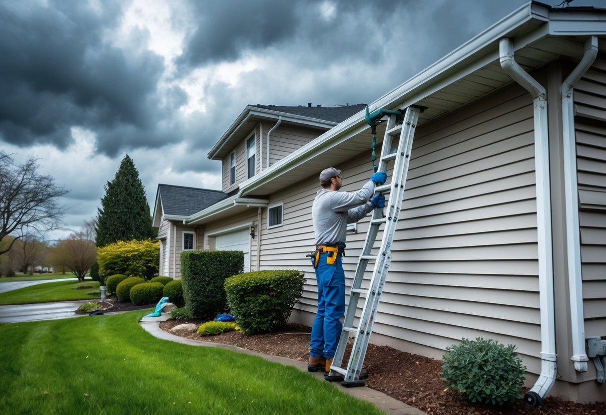 A person inspecting and securing gutters on the exterior of a suburban house under cloudy skies before a storm.