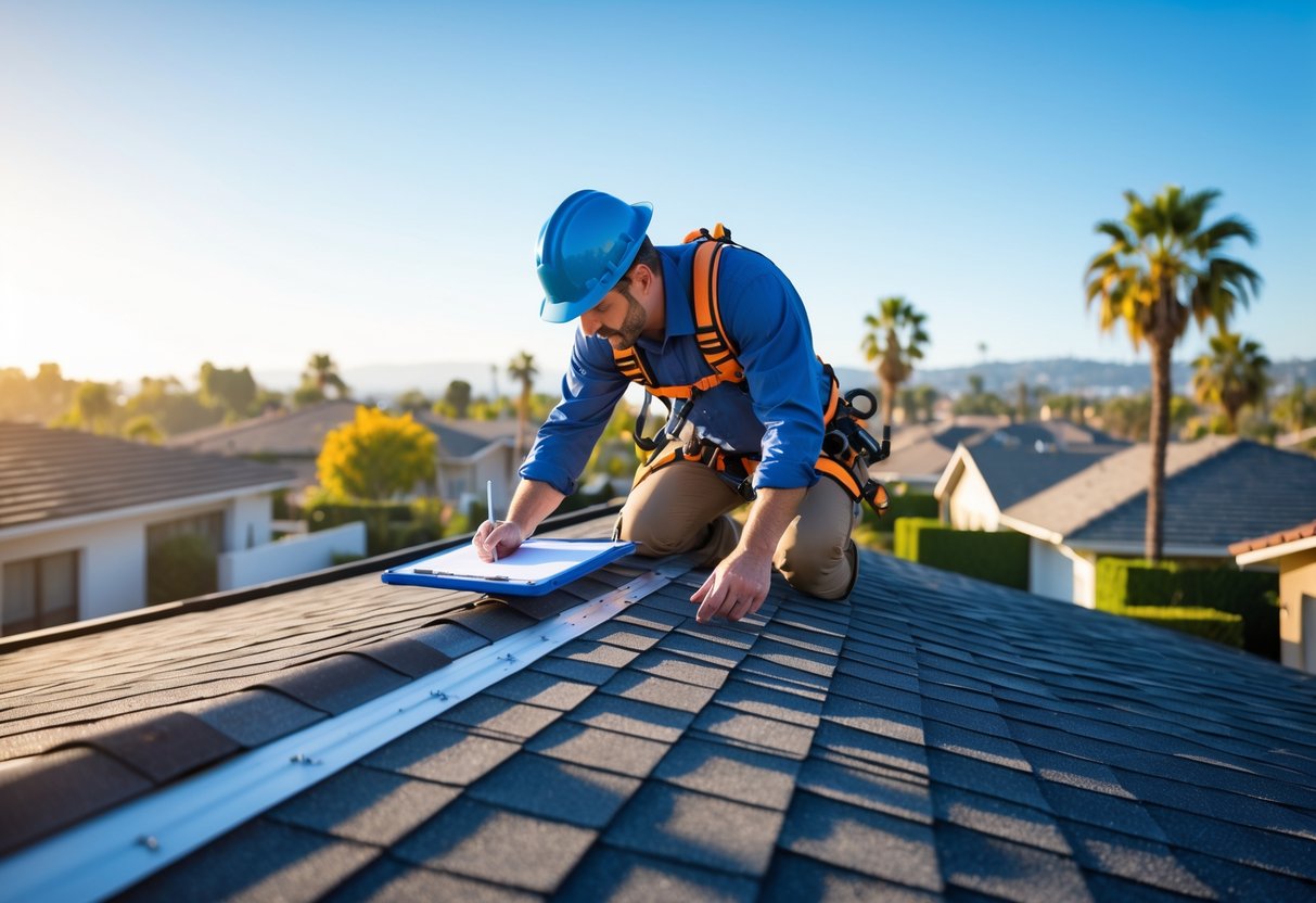 A roofing inspector wearing safety gear examines a residential rooftop in a sunny suburban neighborhood.