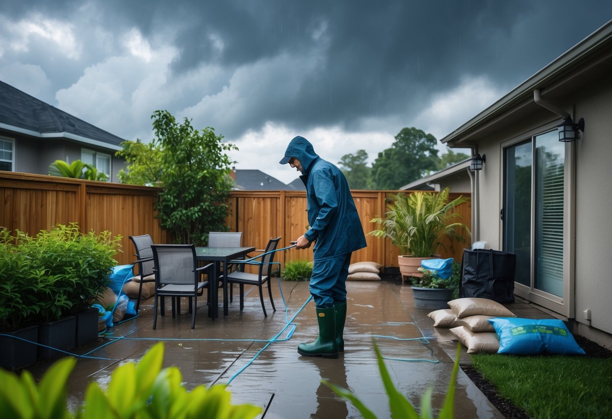 A person securing outdoor furniture and checking gutters in a backyard with dark rain clouds overhead.