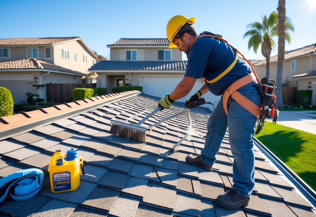 A roofing professional inspecting and cleaning a tiled roof on a sunny day in a residential Los Angeles neighborhood with palm trees in the background.