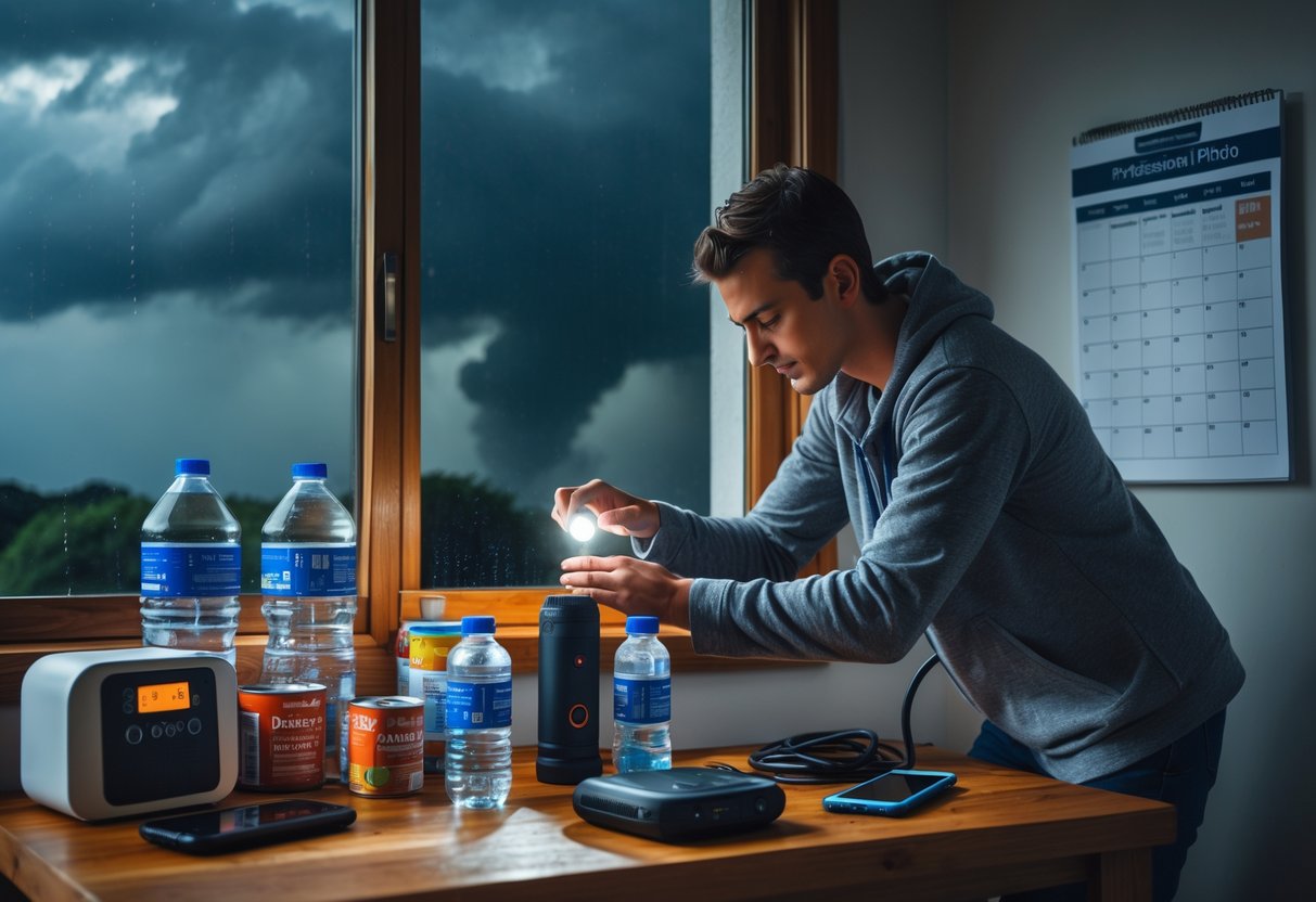 A person indoors checking a flashlight and emergency supplies near a window with dark storm clouds outside.