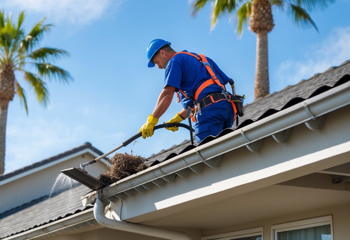 A worker cleaning gutters on a suburban house roof with palm trees and clear blue sky in the background.