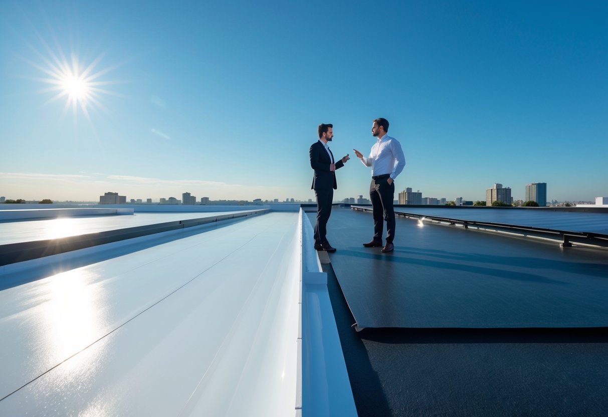 A business professional on a rooftop comparing a bright reflective coating and a dark new membrane roofing system under clear sky.