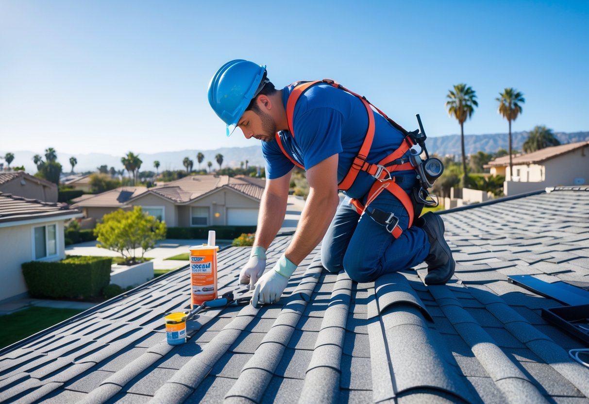 A technician wearing safety gear inspecting and repairing a residential roof with suburban houses and palm trees in the background.