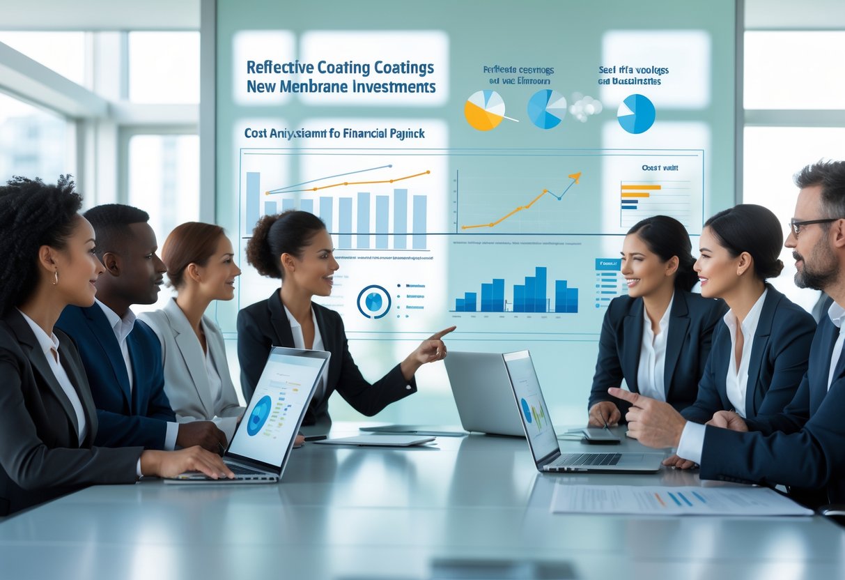 Business professionals discussing financial data and charts in a modern office around a conference table.