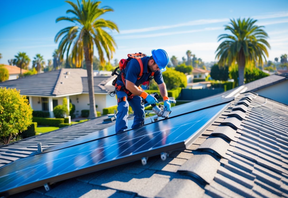 A roofing technician inspects a clean residential roof with solar panels in a sunny Los Angeles neighborhood.