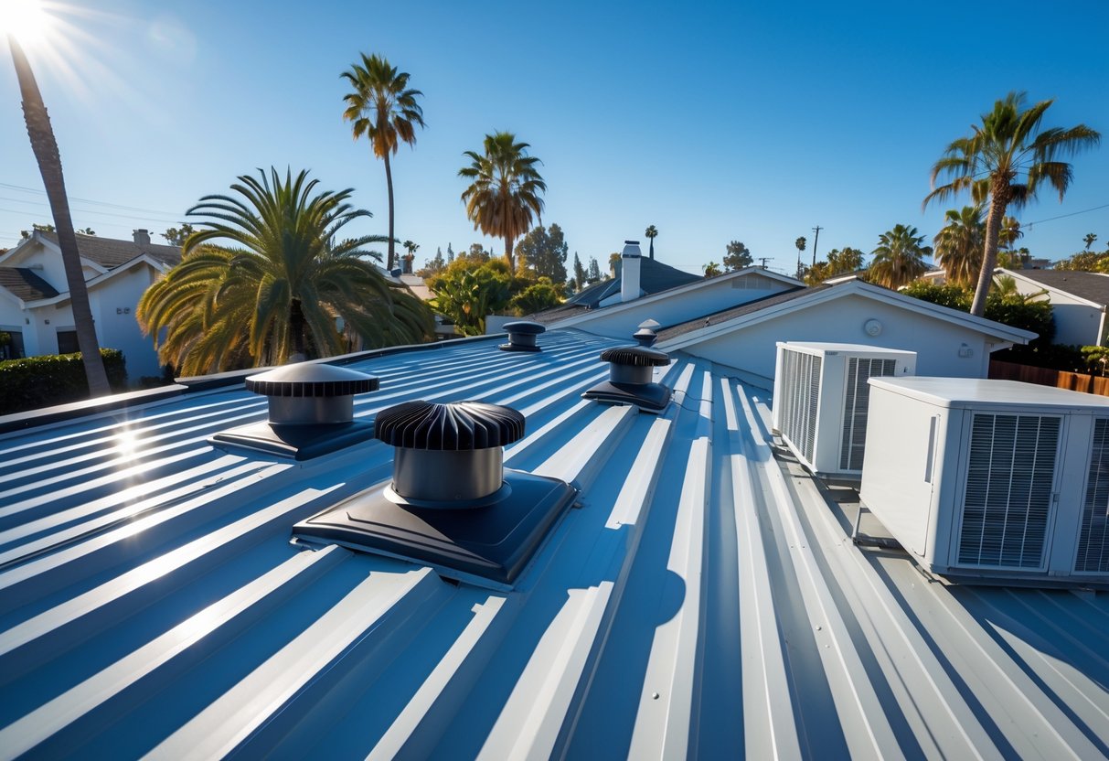 A residential rooftop in Los Angeles with ventilation vents and an air conditioning unit, surrounded by palm trees under a clear sky.