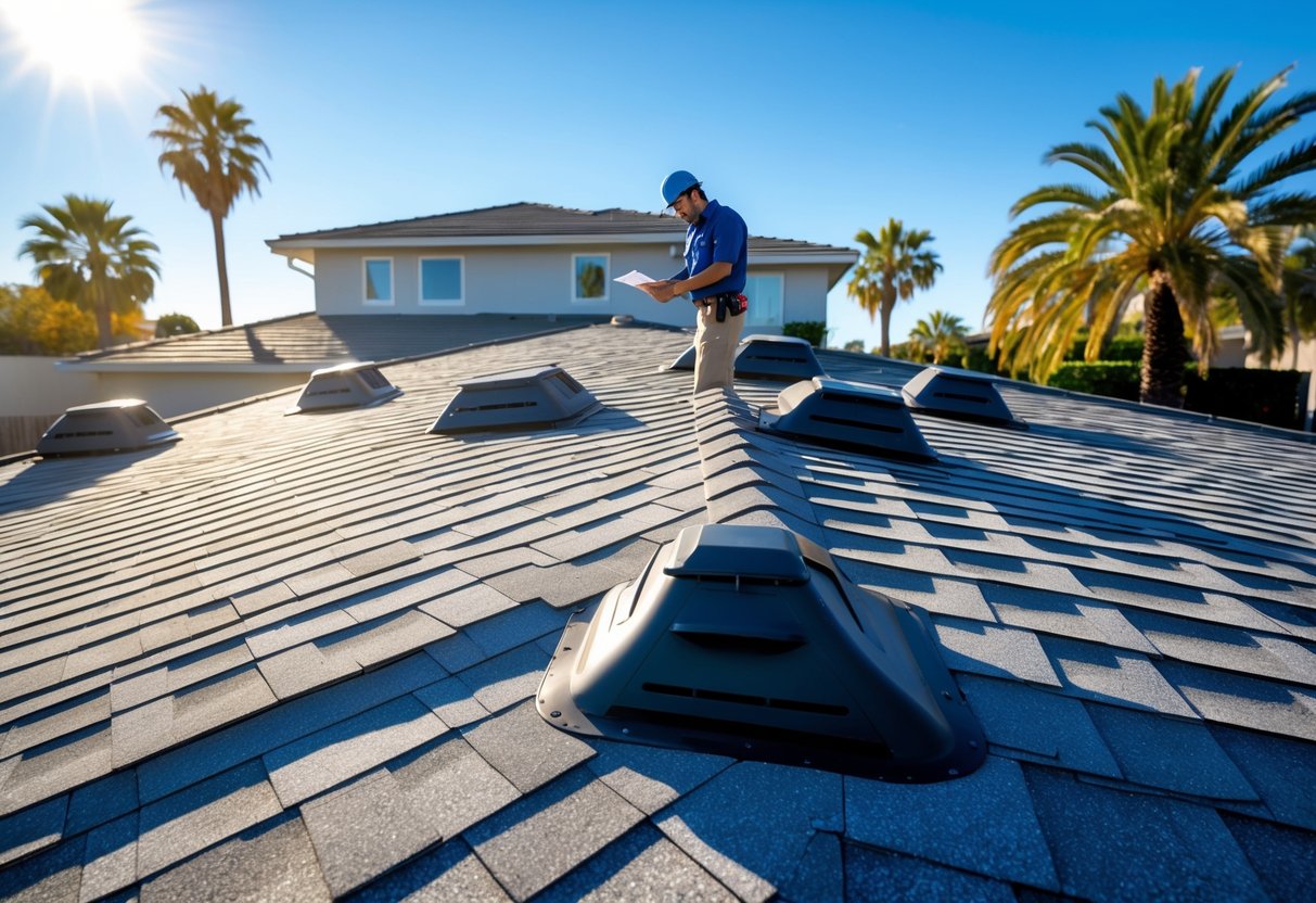 A modern house in Los Angeles with roof vents under a clear blue sky and a technician inspecting the roof.