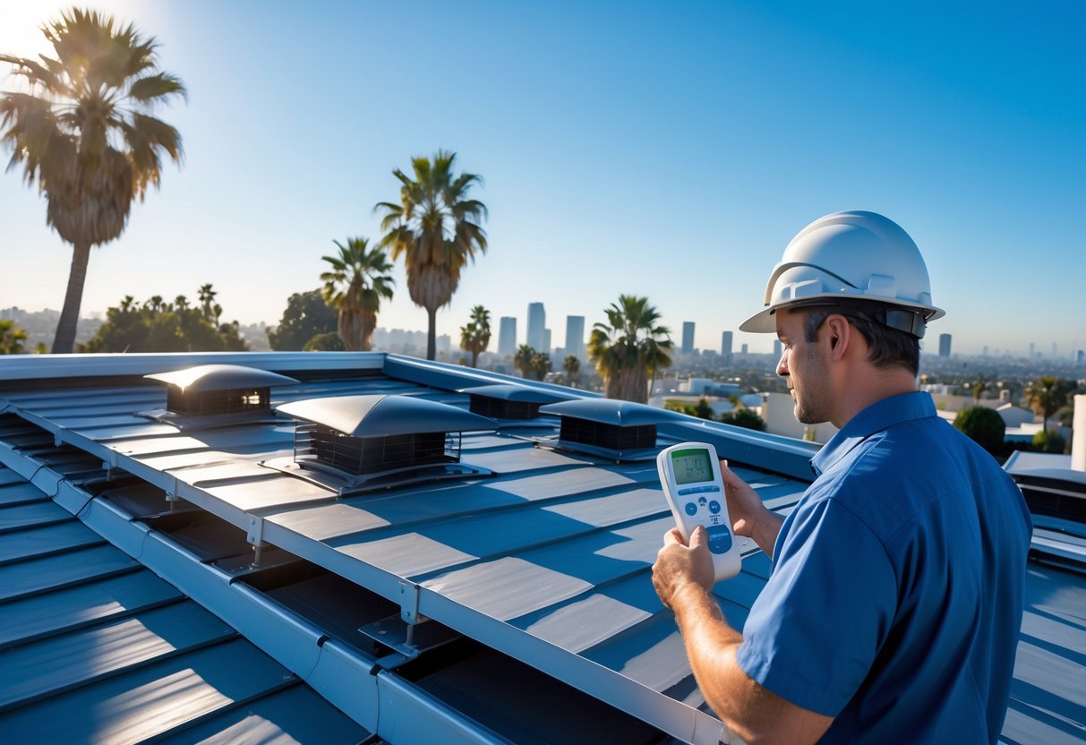 A technician inspects roof vents on a modern house with palm trees and a cityscape in the background.