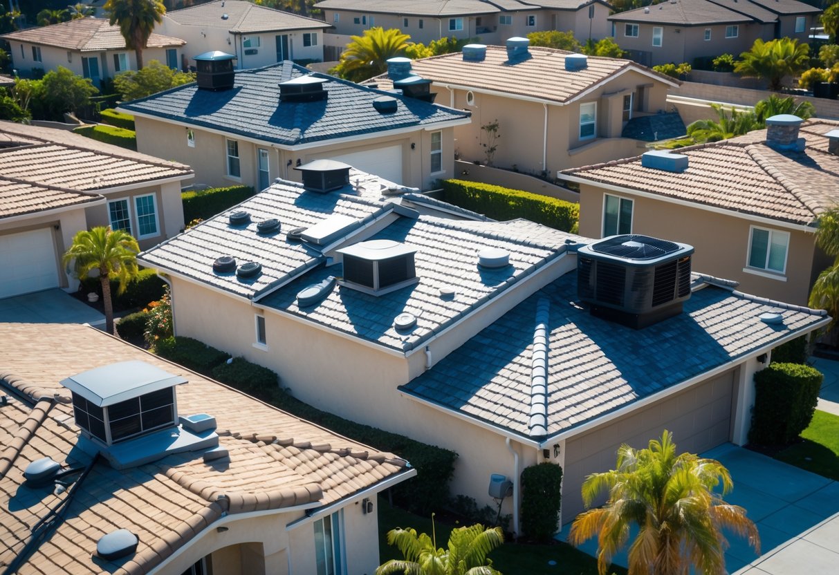 Several Los Angeles homes with different types of roof ventilation systems visible on their rooftops under a clear blue sky.