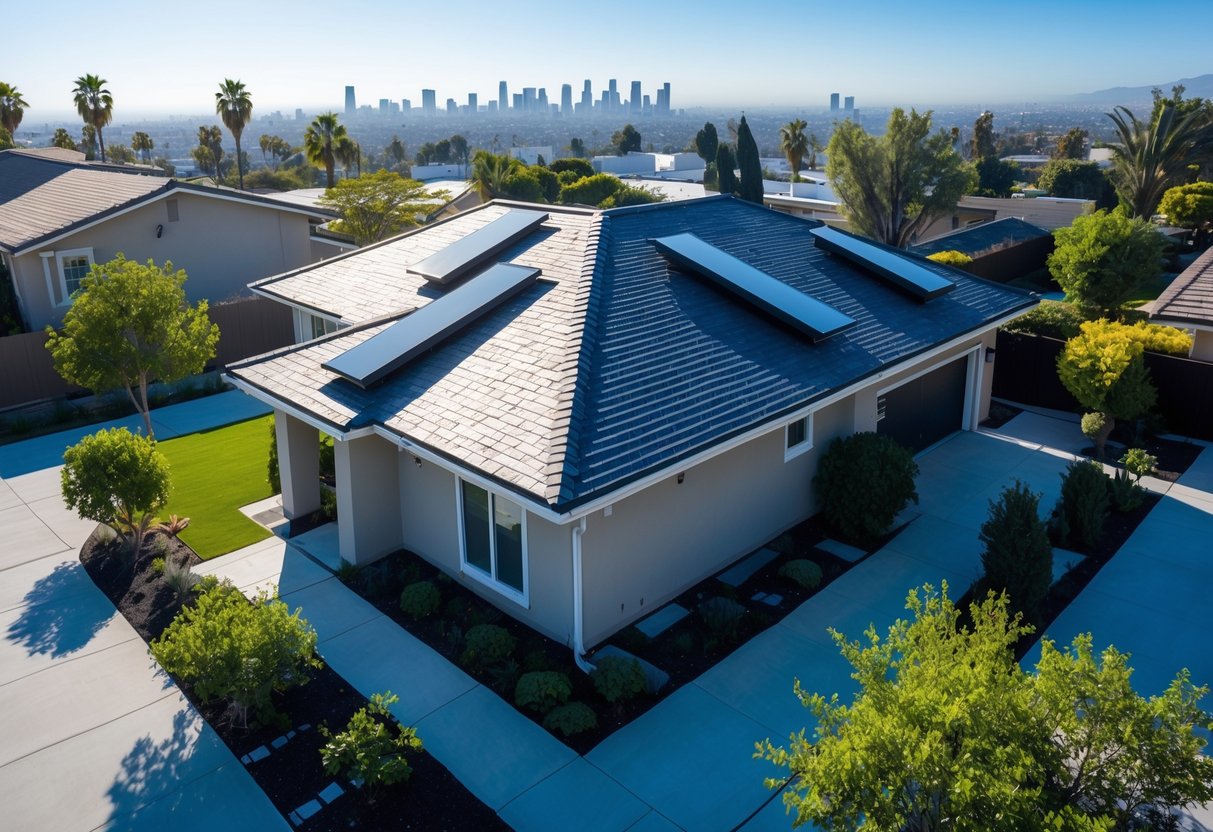 A modern suburban home in Los Angeles with a well-maintained roof featuring ventilation vents under a clear blue sky.