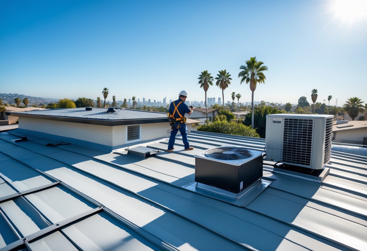 A technician inspecting roof ventilation vents on a residential rooftop with an air conditioning unit nearby and palm trees in the background.