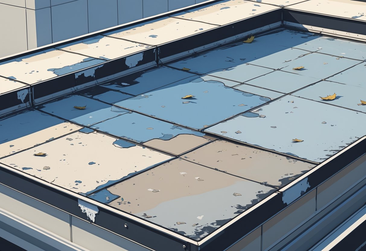 A flat roof with visible cracks, water pooling, peeling material, and debris indicating it needs repair.