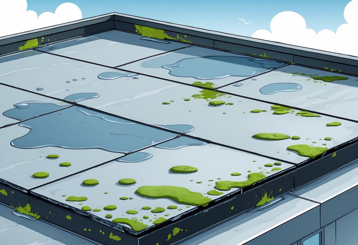 A flat roof with visible cracks, water pooling, blistering, moss growth, and peeling membrane on one corner.