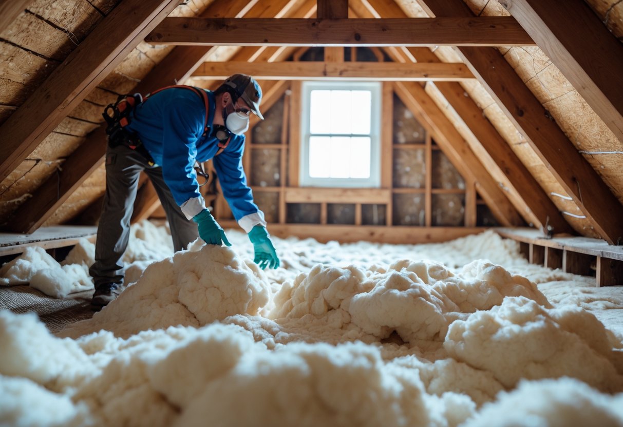 Worker installing blown-in cellulose insulation in the attic of an older bungalow with wooden beams and natural light.