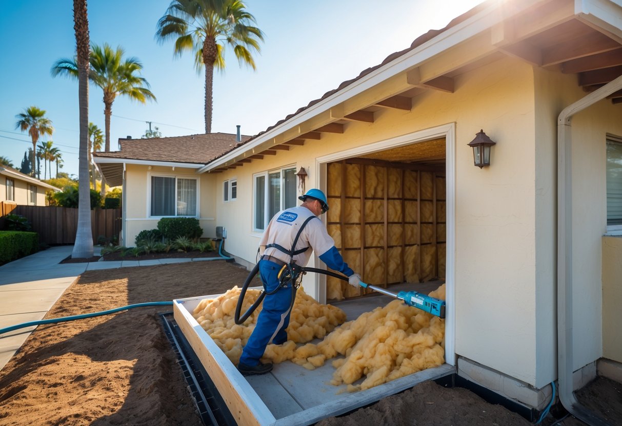 A technician installs blown-in cellulose insulation inside the attic of an older Santa Ana bungalow, with the house and neighborhood visible in the background.