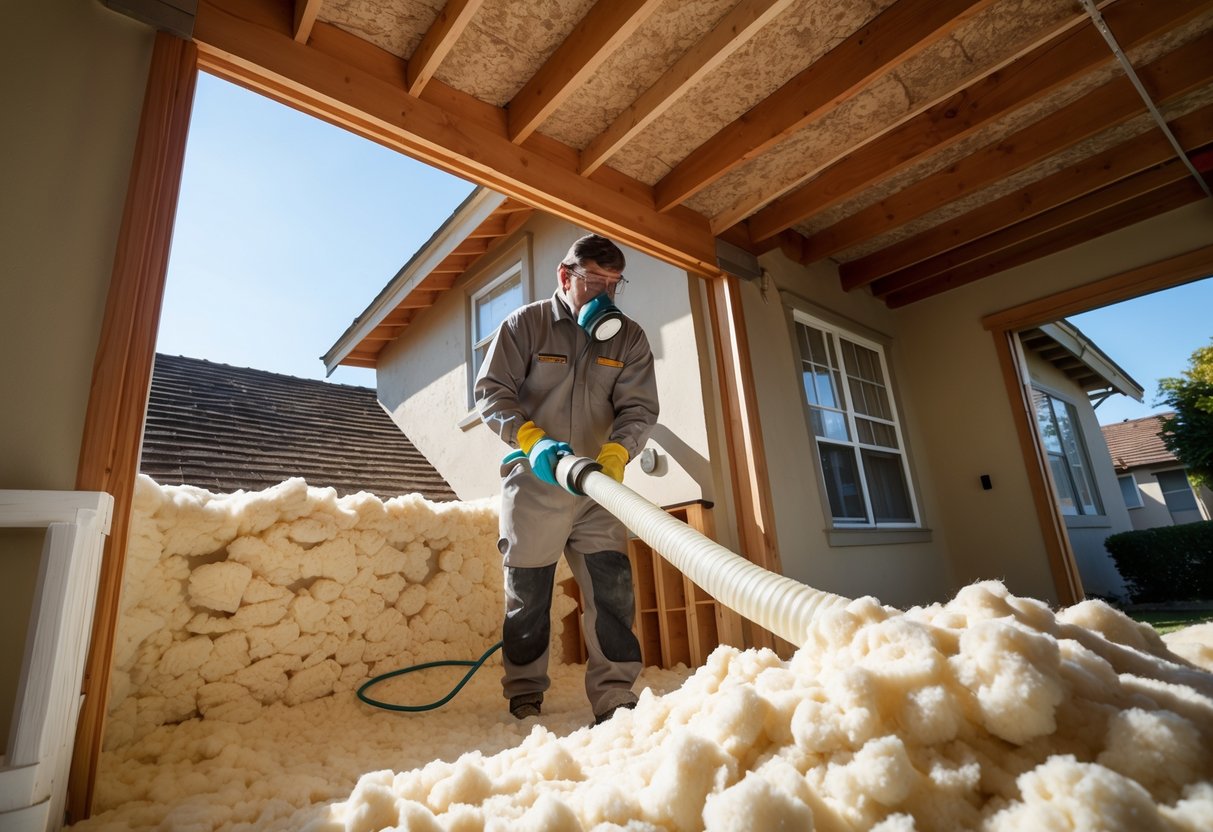Technician blowing cellulose insulation into the attic of an older Santa Ana bungalow.