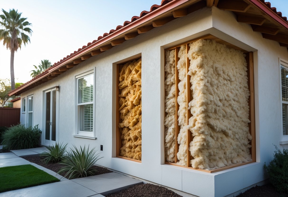 Cross-section of an older Santa Ana bungalow wall comparing blown-in cellulose insulation with other insulation types, showing the building's exterior and interior details.