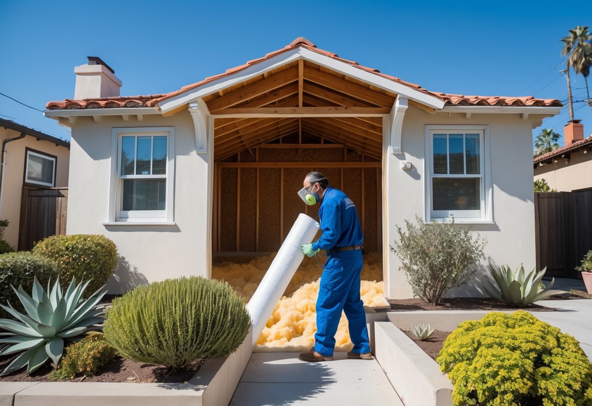 Technician installing cellulose insulation in the attic of an older Santa Ana bungalow on a sunny day.