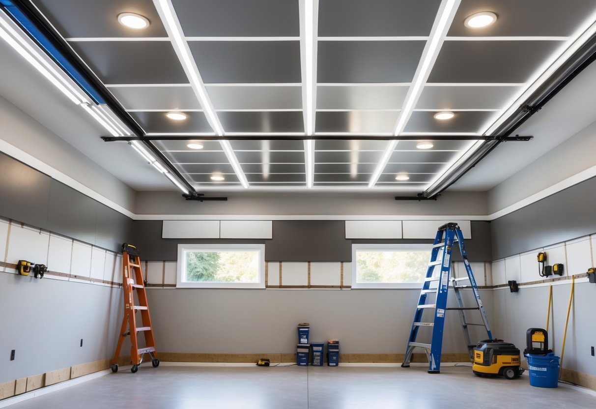 Interior of a garage showing an upgraded ceiling with insulation and recessed lighting, with tools and a ladder nearby.