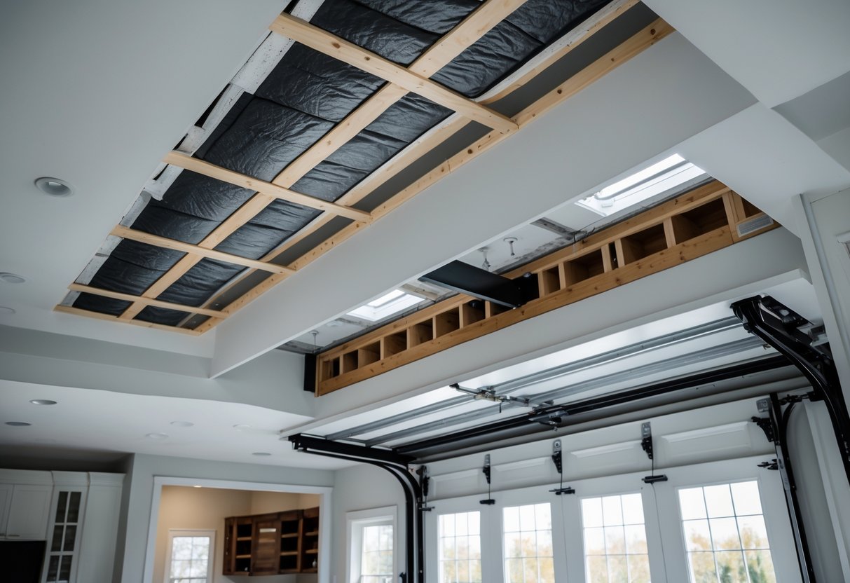Interior view of a finished room above a garage showing a clean ceiling with visible structural elements and natural light coming through windows.