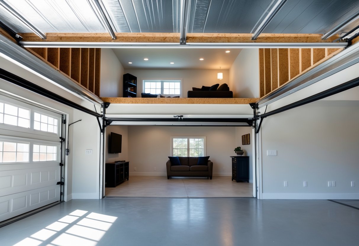 Interior view of a garage with a finished room visible above the garage ceiling through an open hatch.