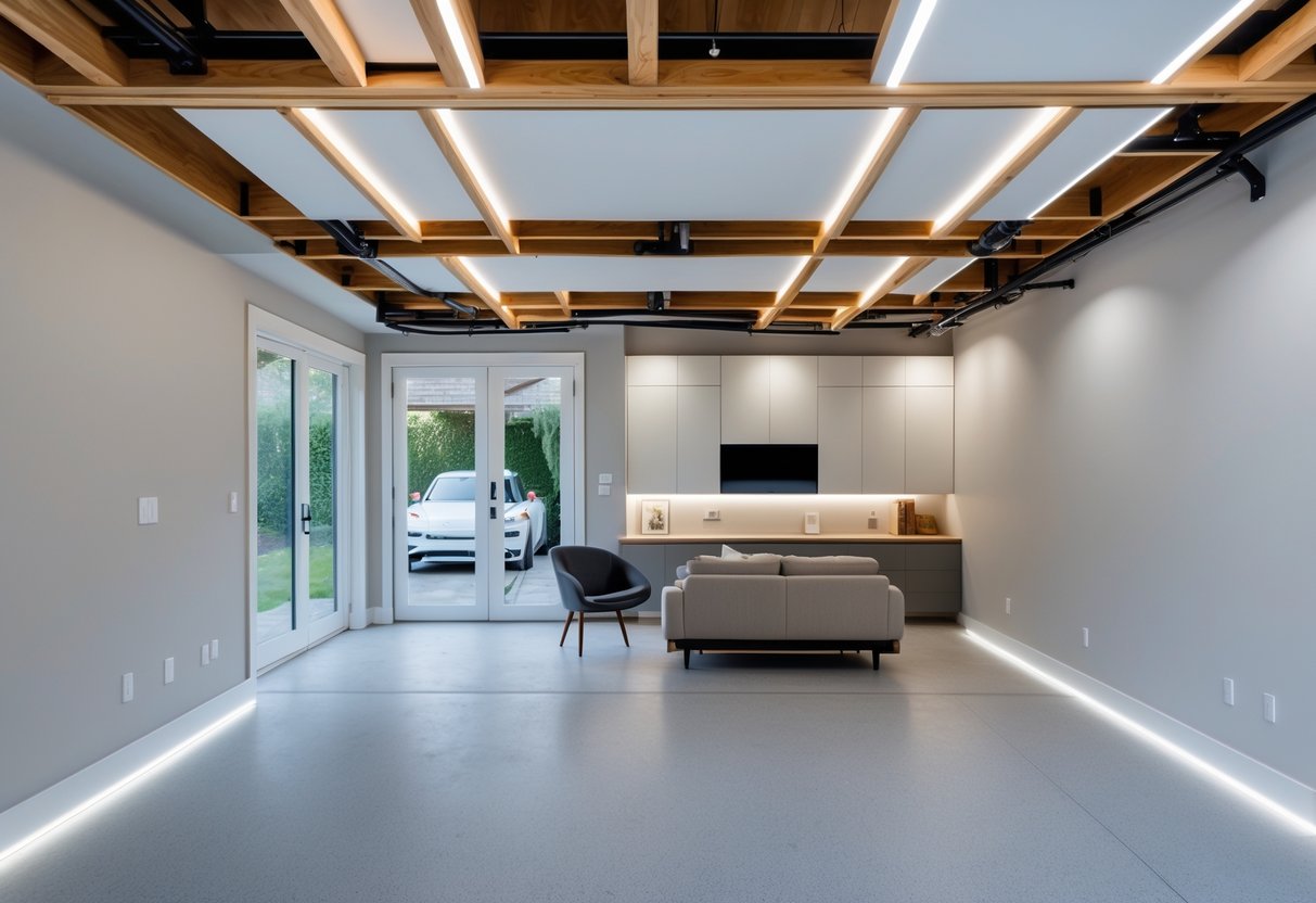 Interior view of a room above a garage with a modern ceiling featuring wooden beams and recessed lighting.