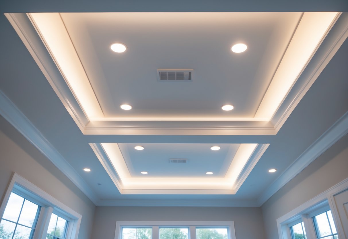 A bright room above a garage with a newly upgraded ceiling featuring recessed lighting and architectural details.