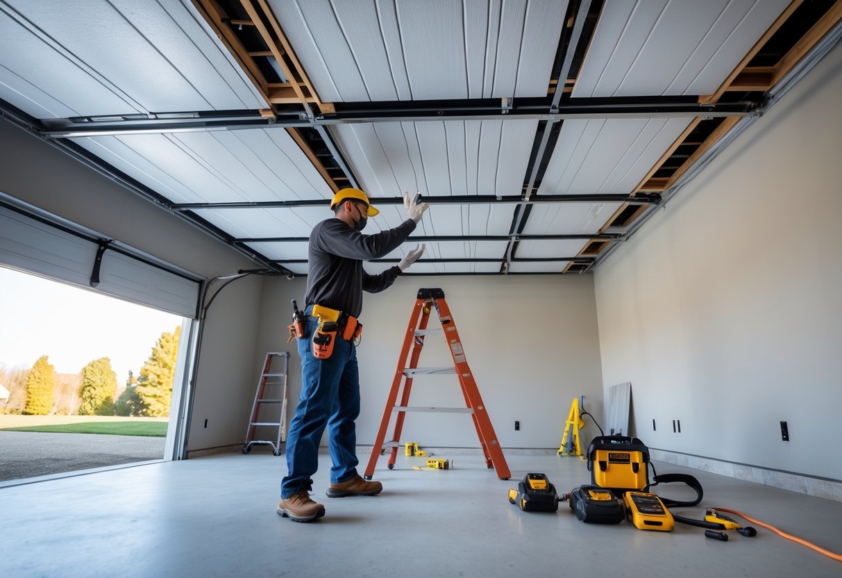 Technician inspecting upgraded garage ceiling insulation and structural beams with tools nearby.