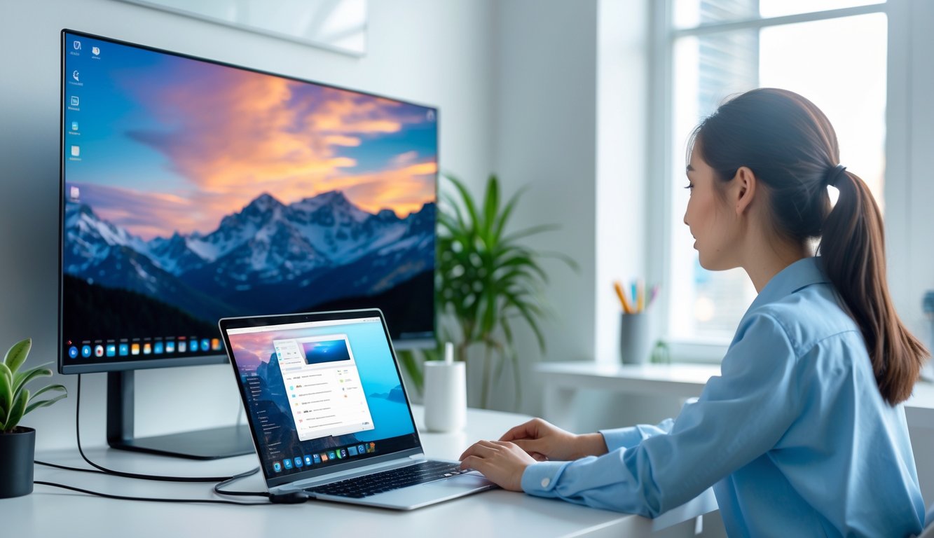 A person adjusting display settings on a laptop connected to a large TV showing the same screen in a modern workspace.
