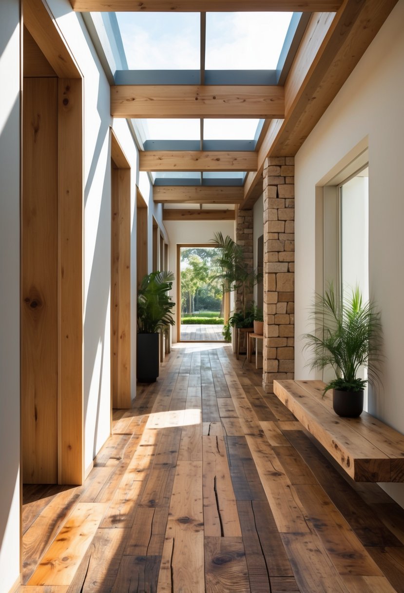 Modern Hallway Design With Natural Materials: 22 Inspiring Ideas for a Stylish Entryway 3 A modern hallway with warm reclaimed wood flooring, natural light, and simple decor including plants.
