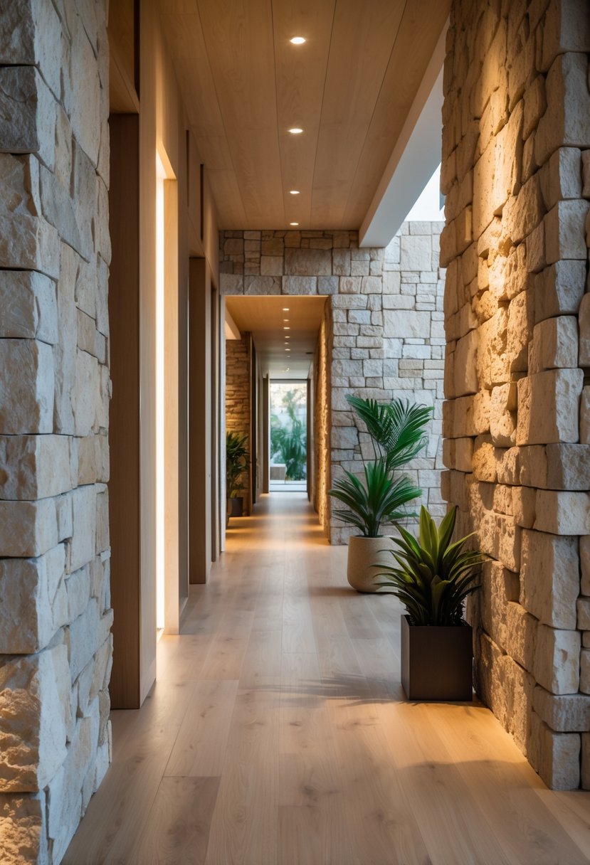 Modern Hallway Design With Natural Materials: 22 Inspiring Ideas for a Stylish Entryway 4 A modern hallway with stone accent walls, wooden floor, and natural light, decorated with potted plants.