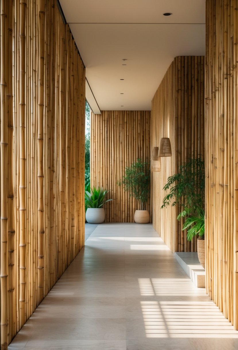 Modern Hallway Design With Natural Materials: 22 Inspiring Ideas for a Stylish Entryway 5 A hallway with bamboo paneling on the walls, natural light, wooden floor, and green plants.