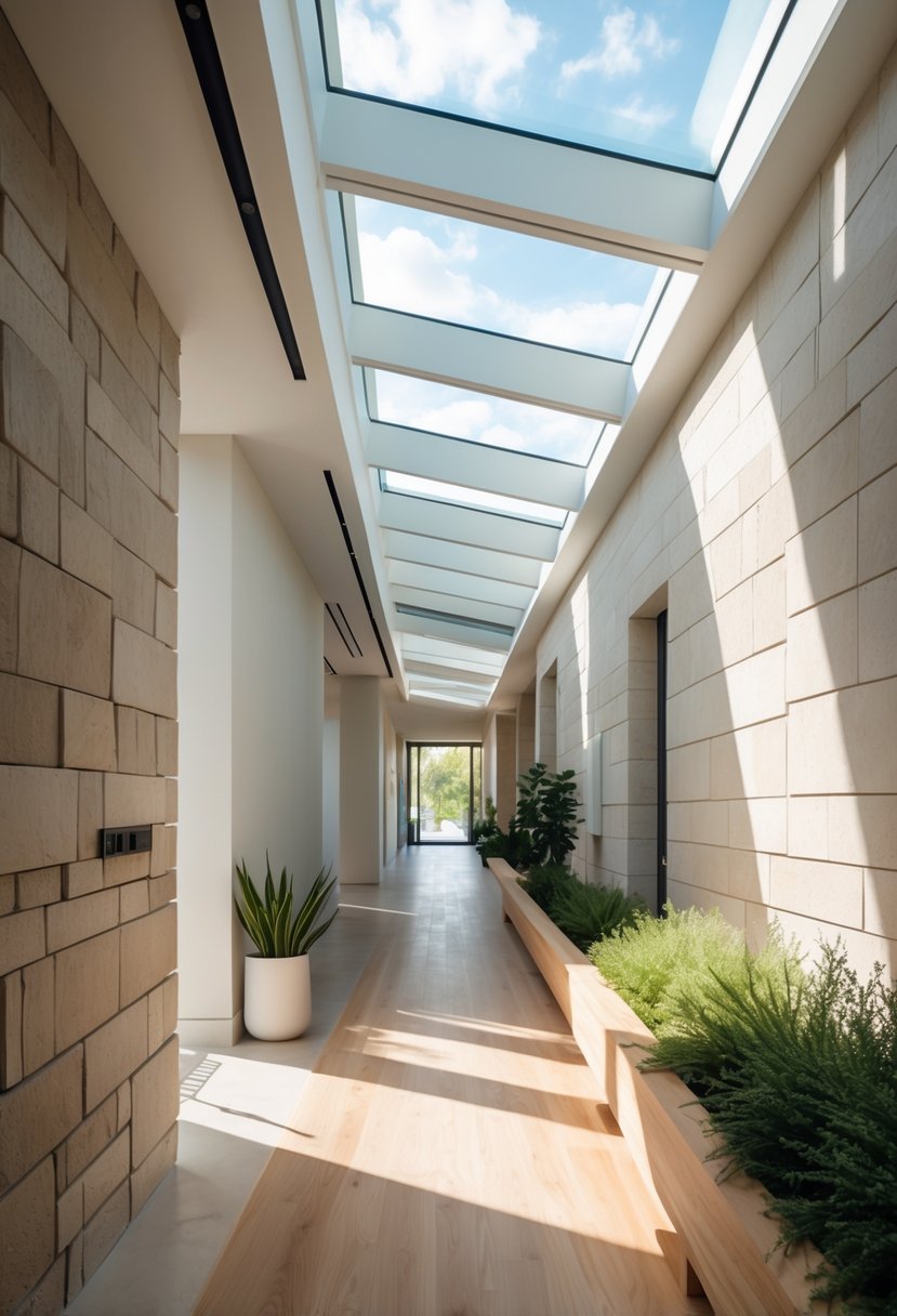 Modern Hallway Design With Natural Materials: 22 Inspiring Ideas for a Stylish Entryway 6 A bright hallway with sunlight coming through skylights, featuring wooden floors and stone walls.
