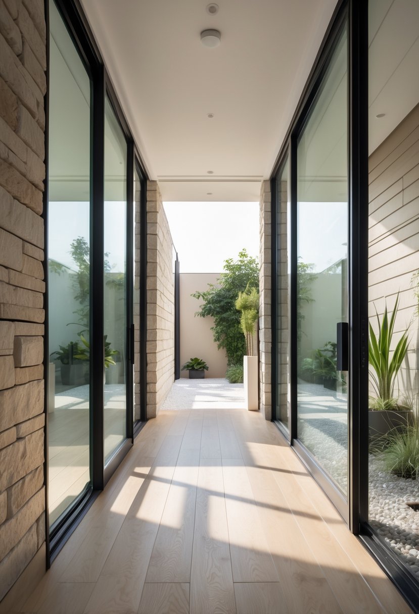 Modern Hallway Design With Natural Materials: 22 Inspiring Ideas for a Stylish Entryway 7 A bright hallway with large glass doors, wooden floors, stone accents, and natural light filling the space.