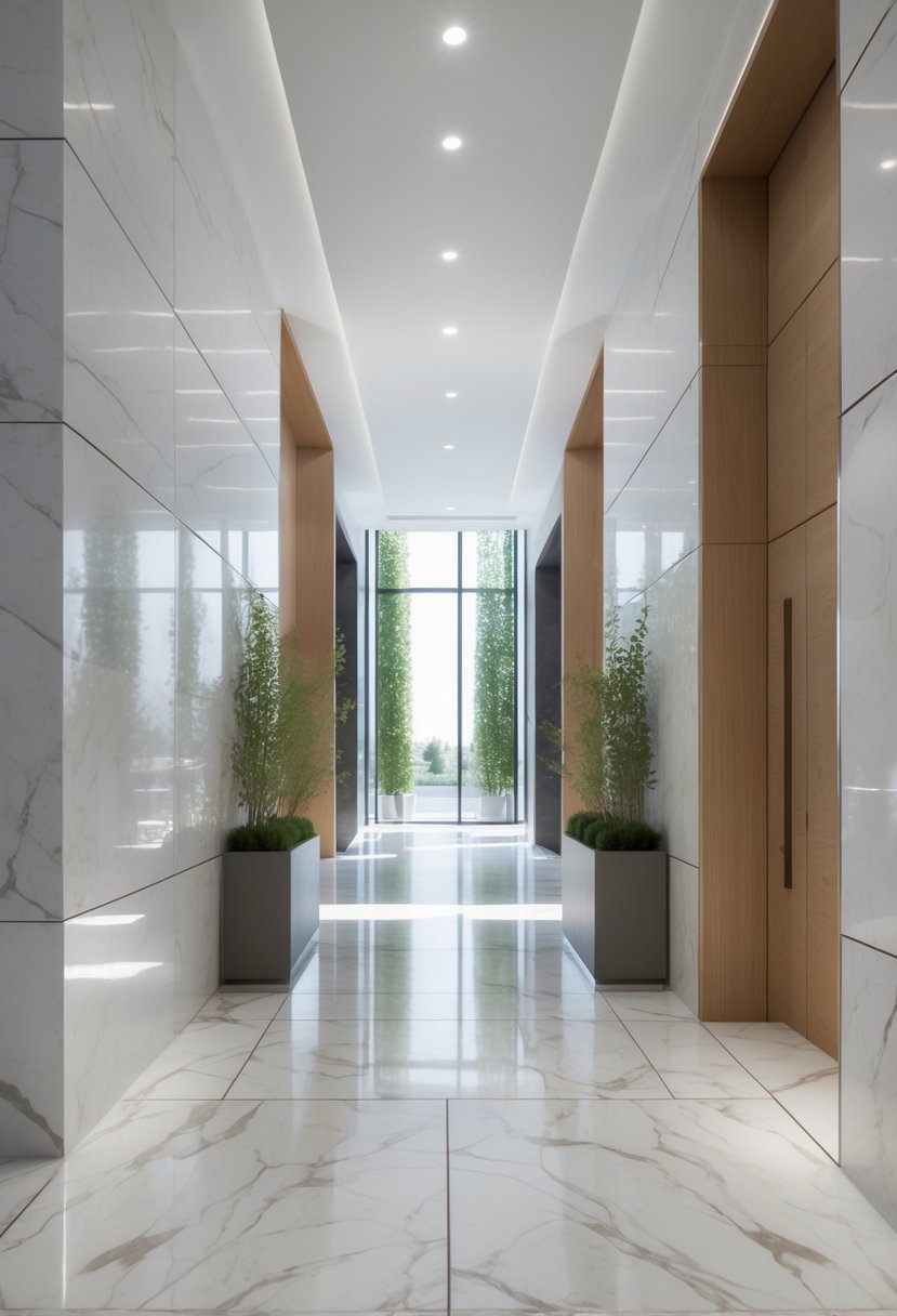 Modern Hallway Design With Natural Materials: 22 Inspiring Ideas for a Stylish Entryway 8 A modern hallway with polished marble tile flooring, wooden wall panels, and green plants near large windows.