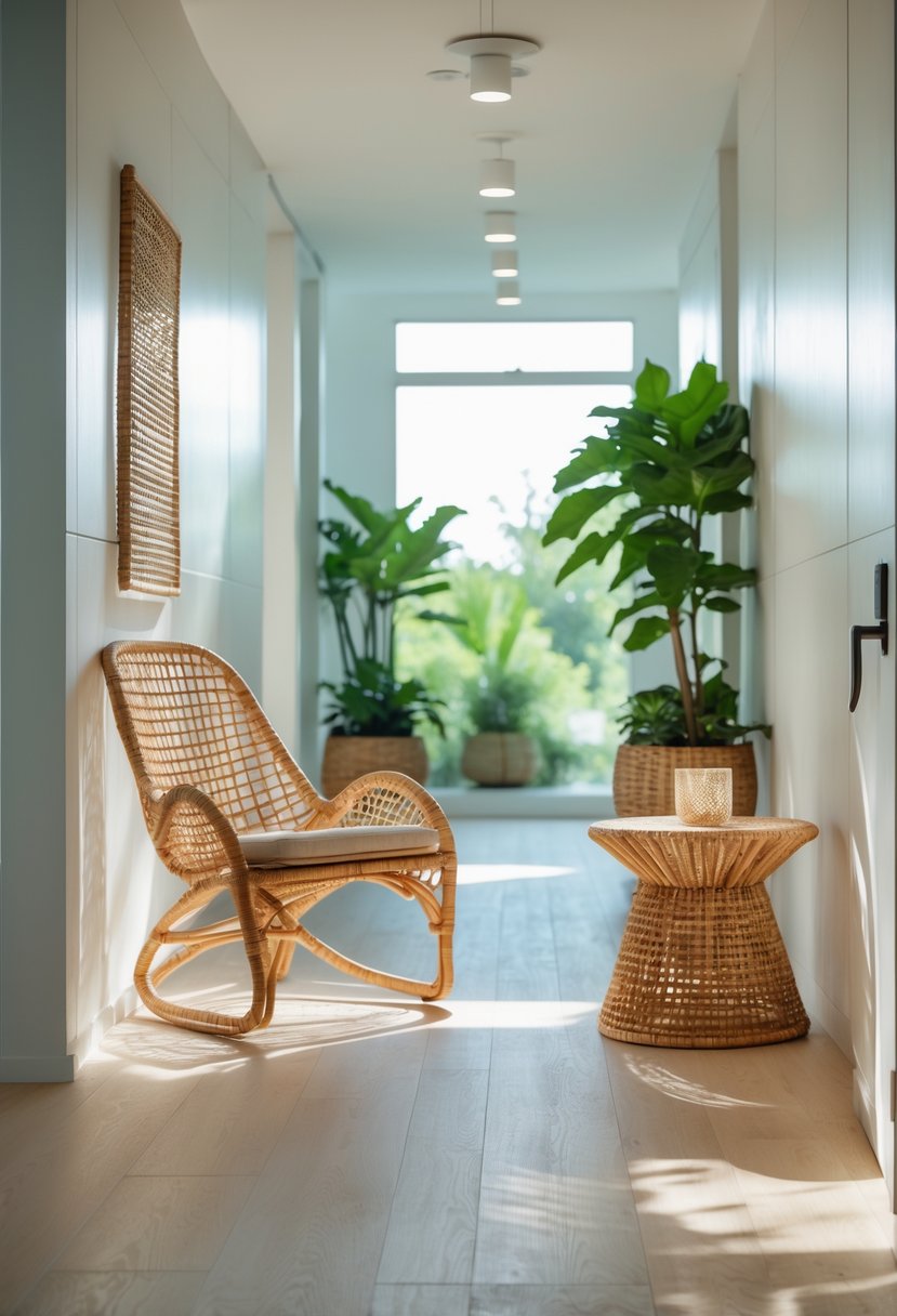 Modern Hallway Design With Natural Materials: 22 Inspiring Ideas for a Stylish Entryway 9 A hallway with cane webbing furniture, light wood flooring, white walls, and potted plants illuminated by natural light.