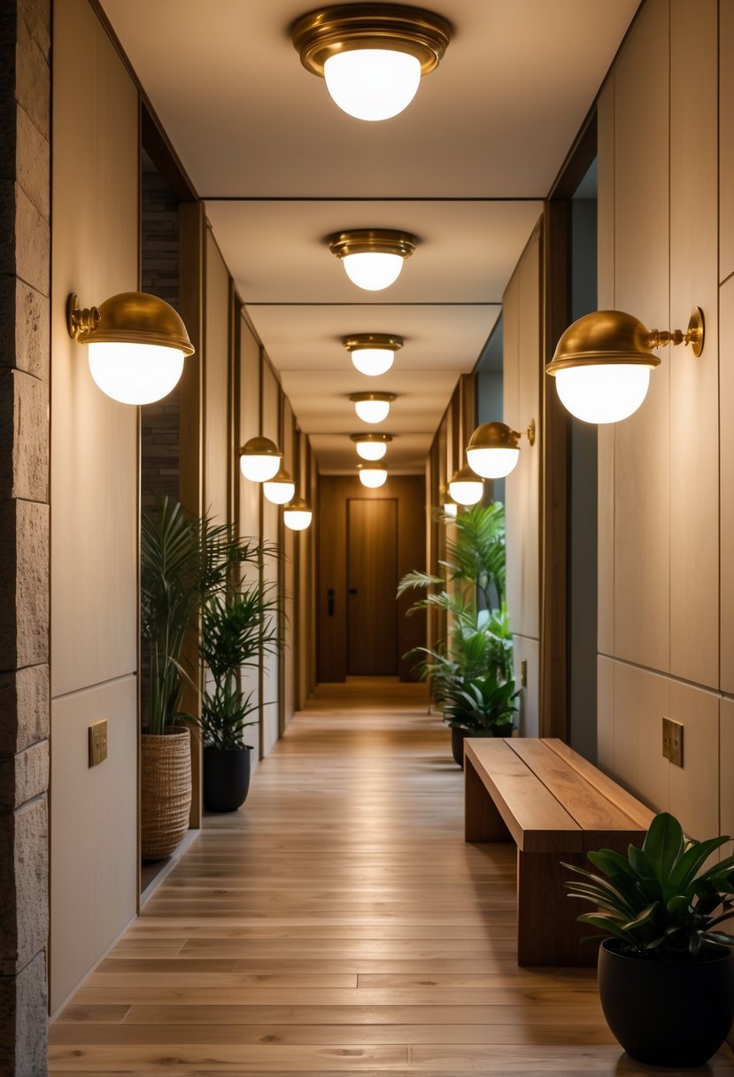 Modern Hallway Design With Natural Materials: 22 Inspiring Ideas for a Stylish Entryway 10 A hallway with wooden floors, stone walls, brass lighting fixtures, a wooden bench, and potted plants.