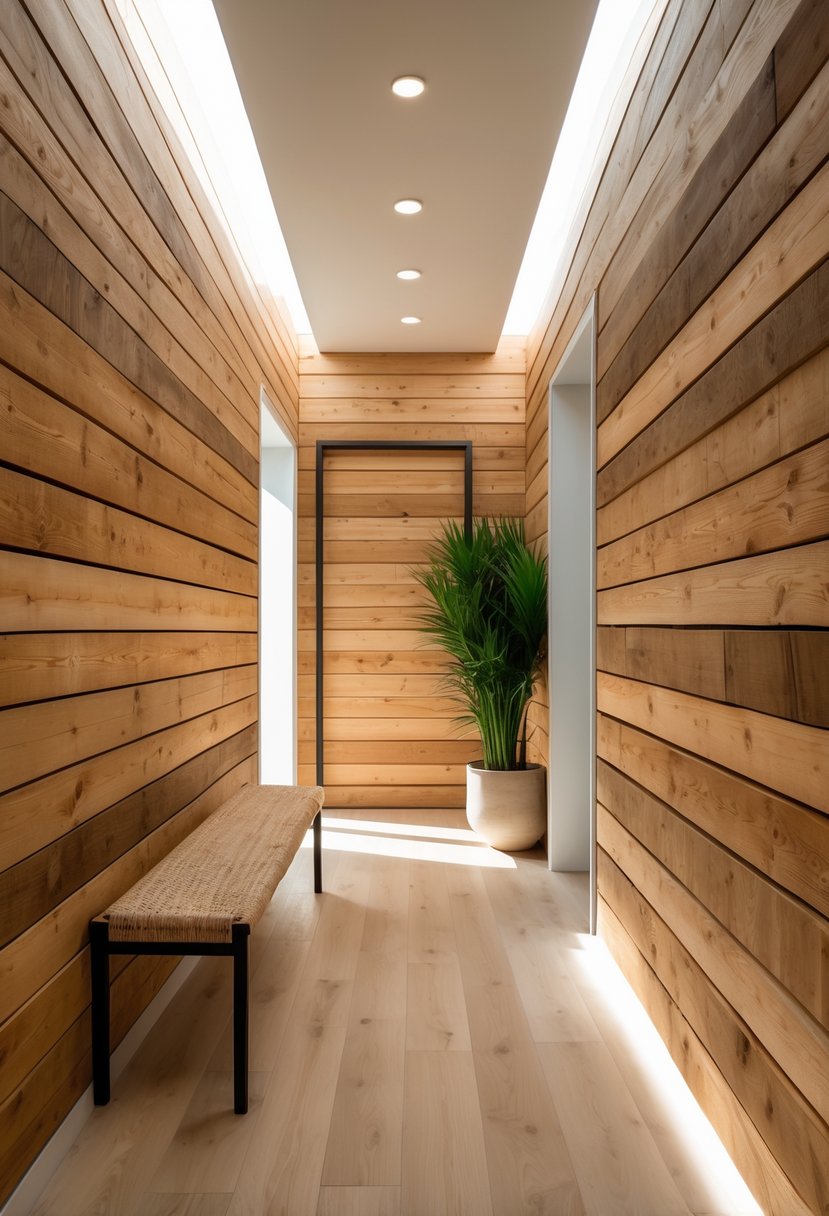 Modern Hallway Design With Natural Materials: 22 Inspiring Ideas for a Stylish Entryway 11 A modern hallway with wooden shiplap walls, a wooden floor, a bench with a cushion, and a green plant in a pot.