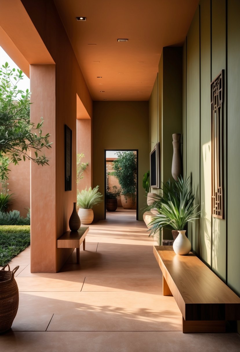 Modern Hallway Design With Natural Materials: 22 Inspiring Ideas for a Stylish Entryway 12 A modern hallway with terracotta floors, olive green walls, wooden accents, and natural light illuminating potted plants and minimal decor.