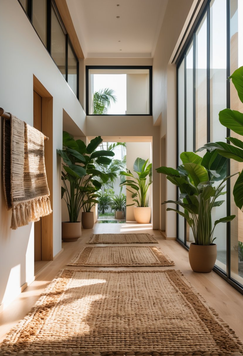 Modern Hallway Design With Natural Materials: 22 Inspiring Ideas for a Stylish Entryway 13 A modern hallway with woven natural fiber rugs, wooden flooring, light walls, and potted plants, illuminated by natural light.