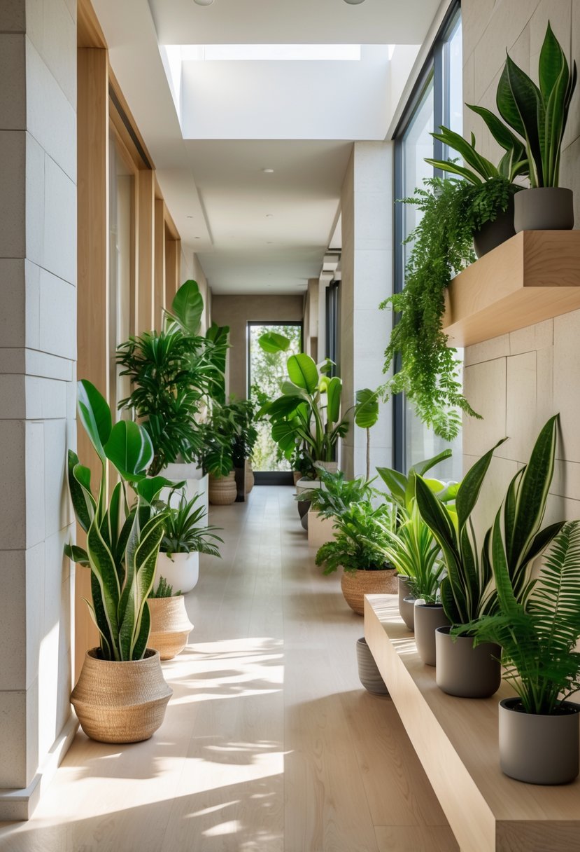 Modern Hallway Design With Natural Materials: 22 Inspiring Ideas for a Stylish Entryway 14 A modern hallway with natural wood flooring and stone walls, decorated with various green indoor plants placed along the corridor and on shelves.