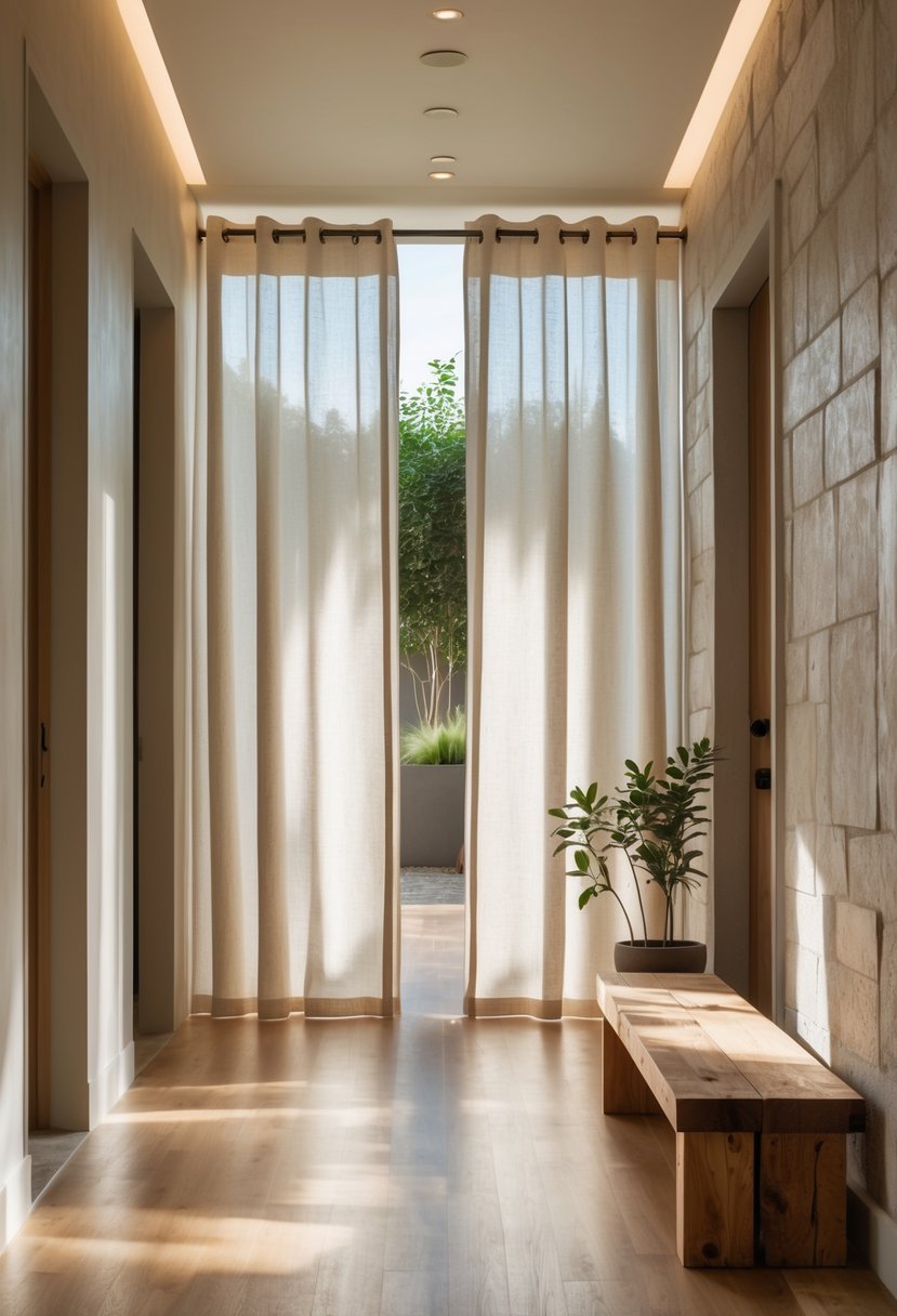 Modern Hallway Design With Natural Materials: 22 Inspiring Ideas for a Stylish Entryway 15 A modern hallway with organic cotton curtains, wooden flooring, stone walls, and potted plants.